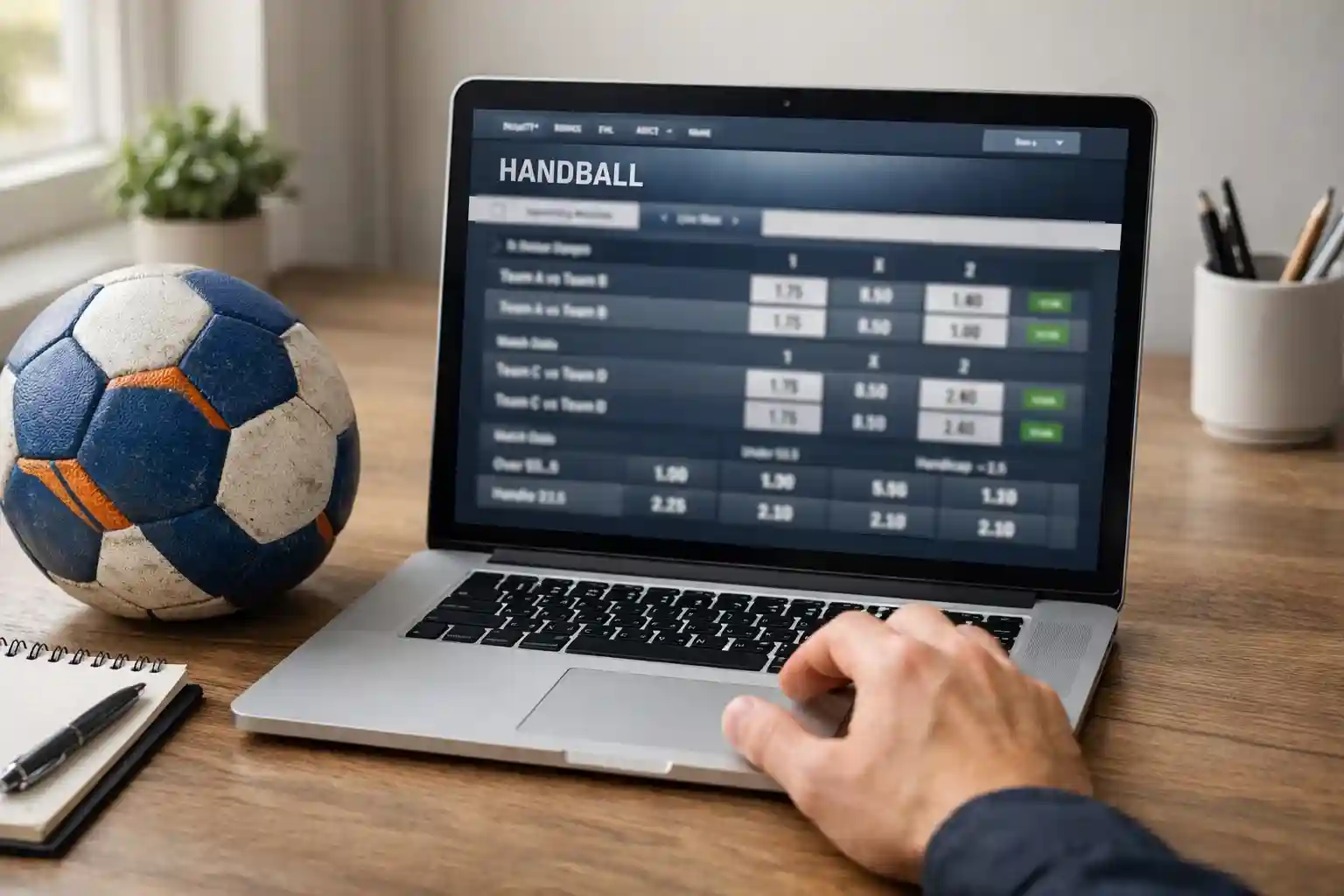 Laptop mit Handball-Wettangeboten auf dem Bildschirm neben einem Handball – Wettanbieter-Vergleich