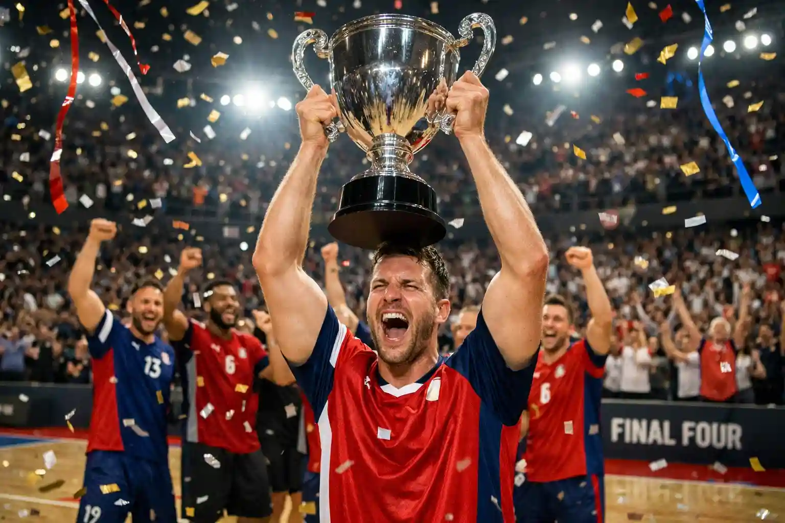Handball-Spieler hebt den Pokal nach dem Finale in einer ausverkauften Arena – DHB-Pokal Wetten