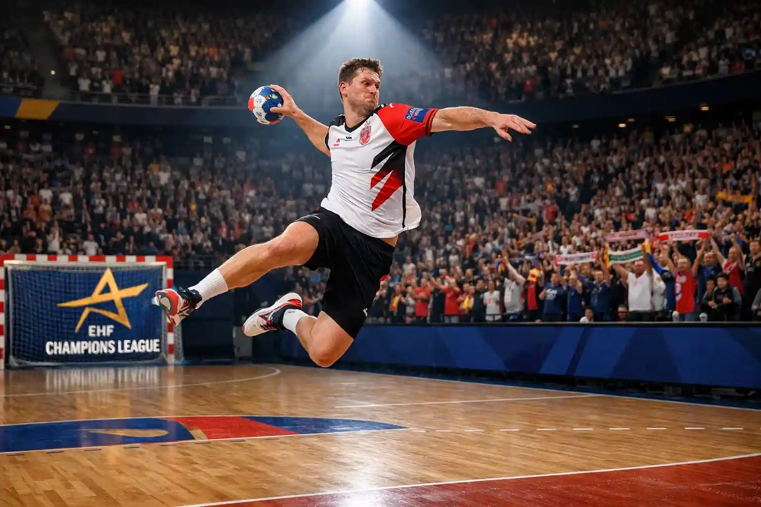 Handball-Spieler im EHF Champions League Trikot beim Sprungwurf – CL-Wetten und Final4