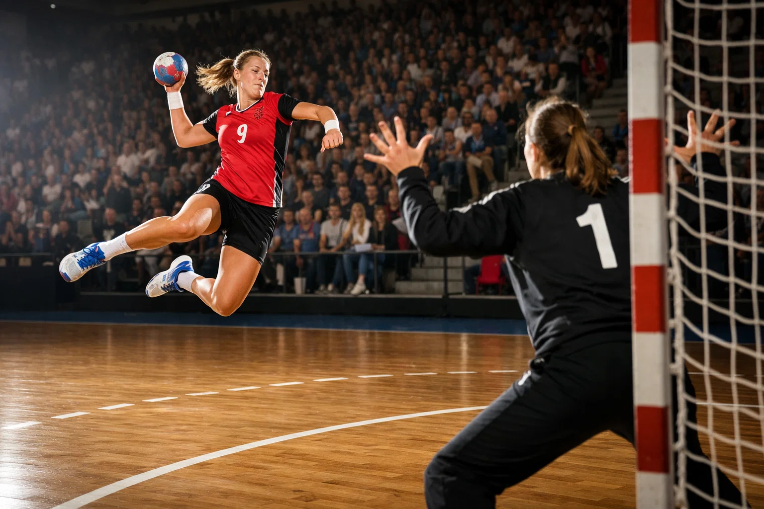 Frauen-Handball-Spielerin beim Sprungwurf in einer Hallenszene – Frauen-Handball Wetten und Marktchancen