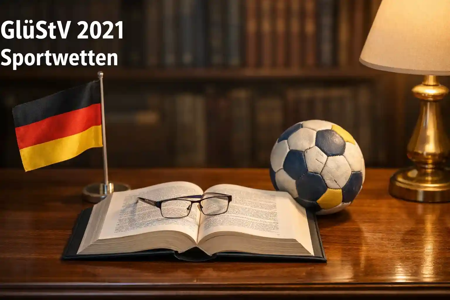 Deutsche Flagge neben einem Gesetzbuch und einem Handball – GlüStV 2021 Regulierung für Sportwetten