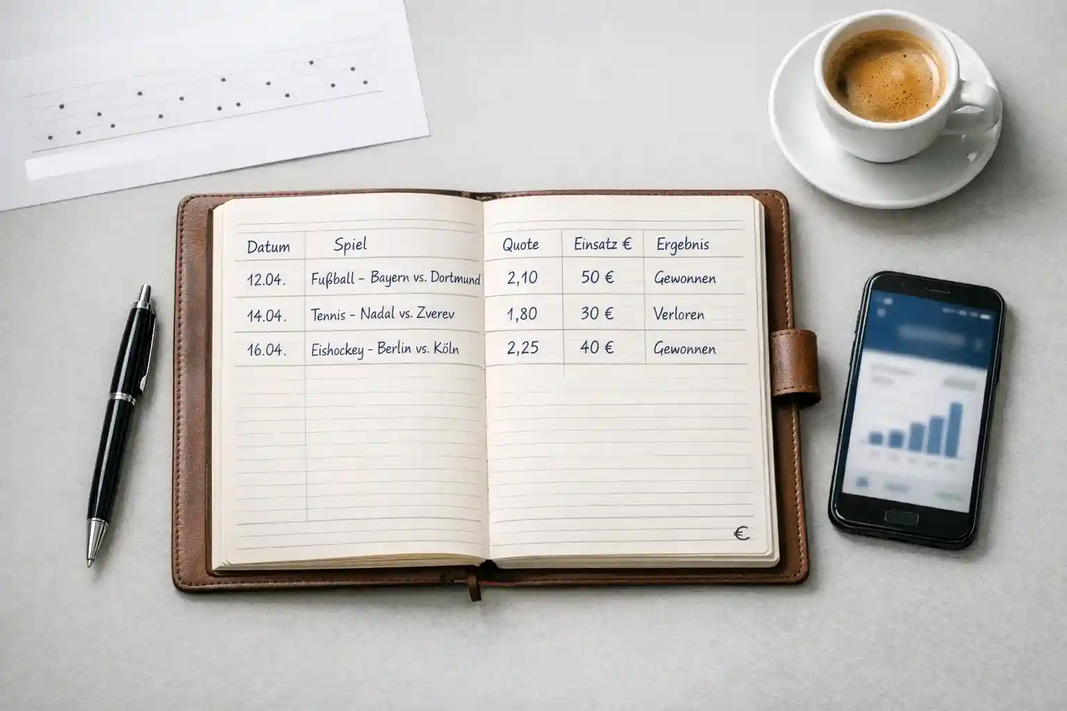 Bankroll Management für Handball Wetten – Notizbuch mit Wettstrategie und Stift