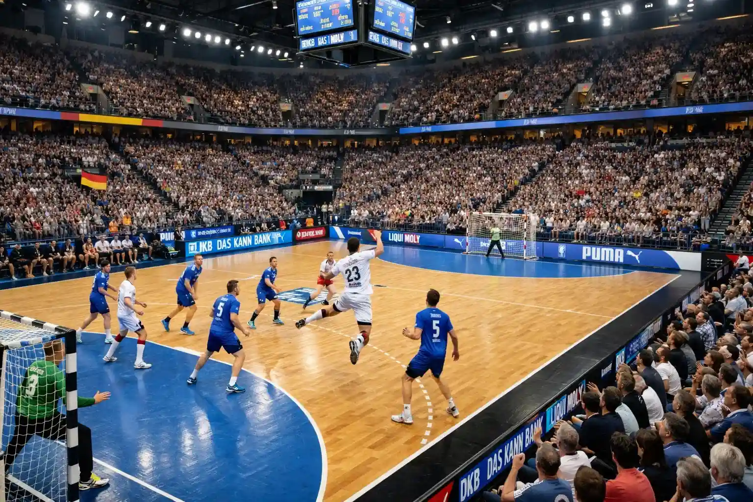 Handball-Bundesliga-Spielszene in einer vollen deutschen Halle – HBL-Wetten-Guide