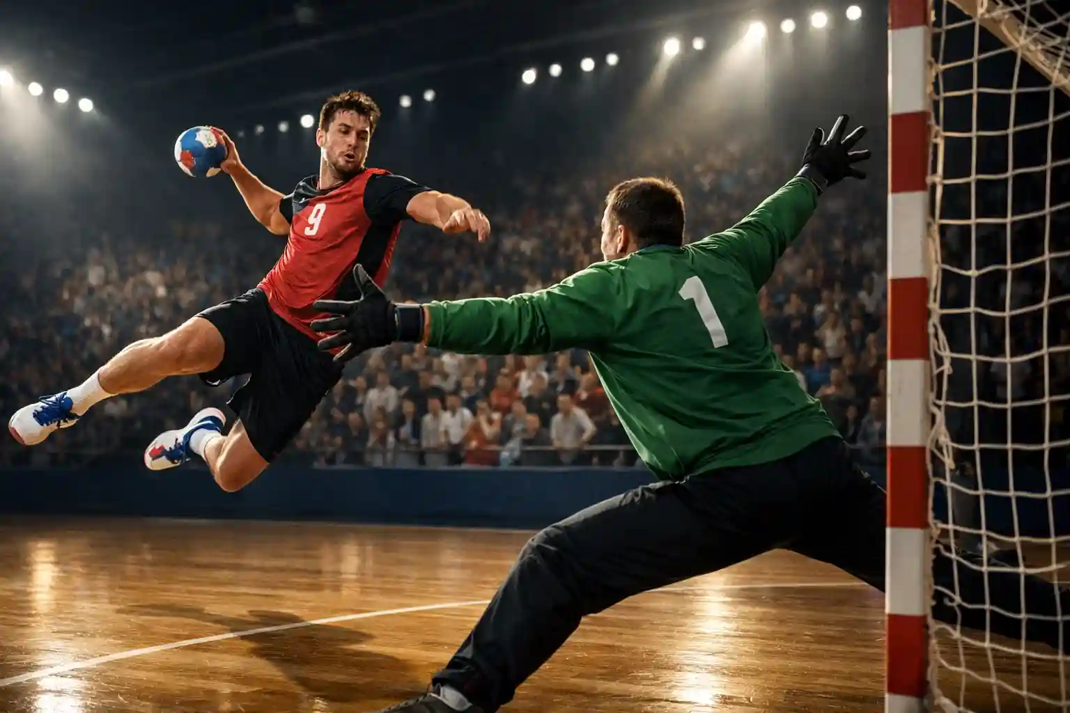 Handballspieler beim Wurf auf das Tor in einer vollen Halle – Dreiweg-Wetten 1X2-Strategie