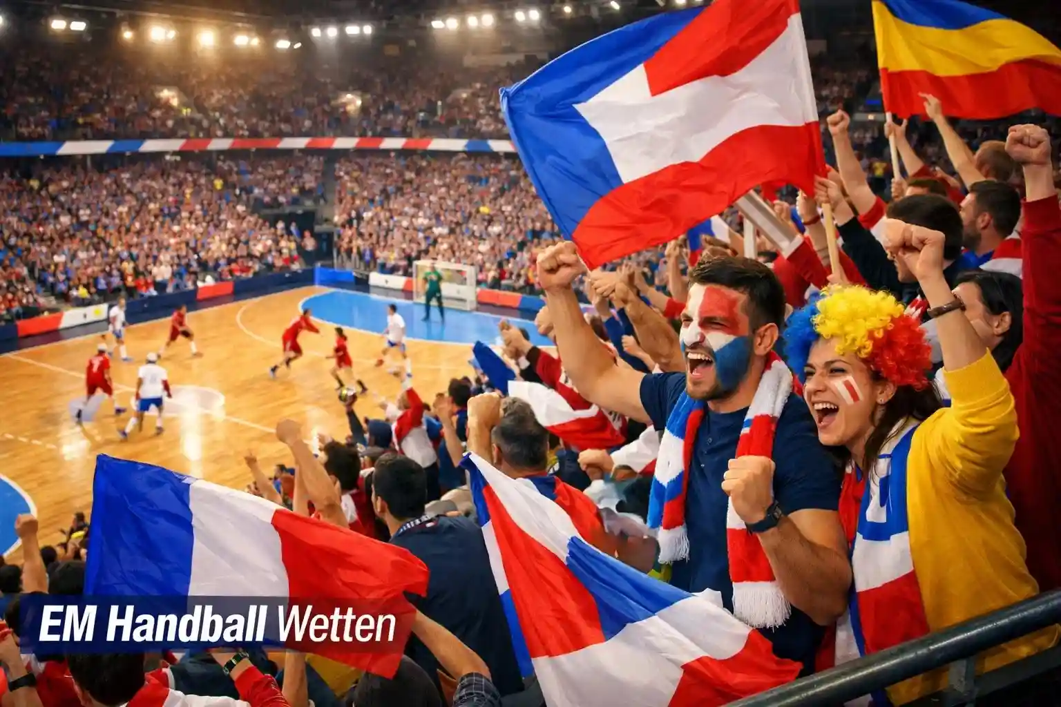 Begeisterte Fans mit Nationalflaggen bei einem Handball-EM-Spiel – Gastgebereffekt und EM-Quoten