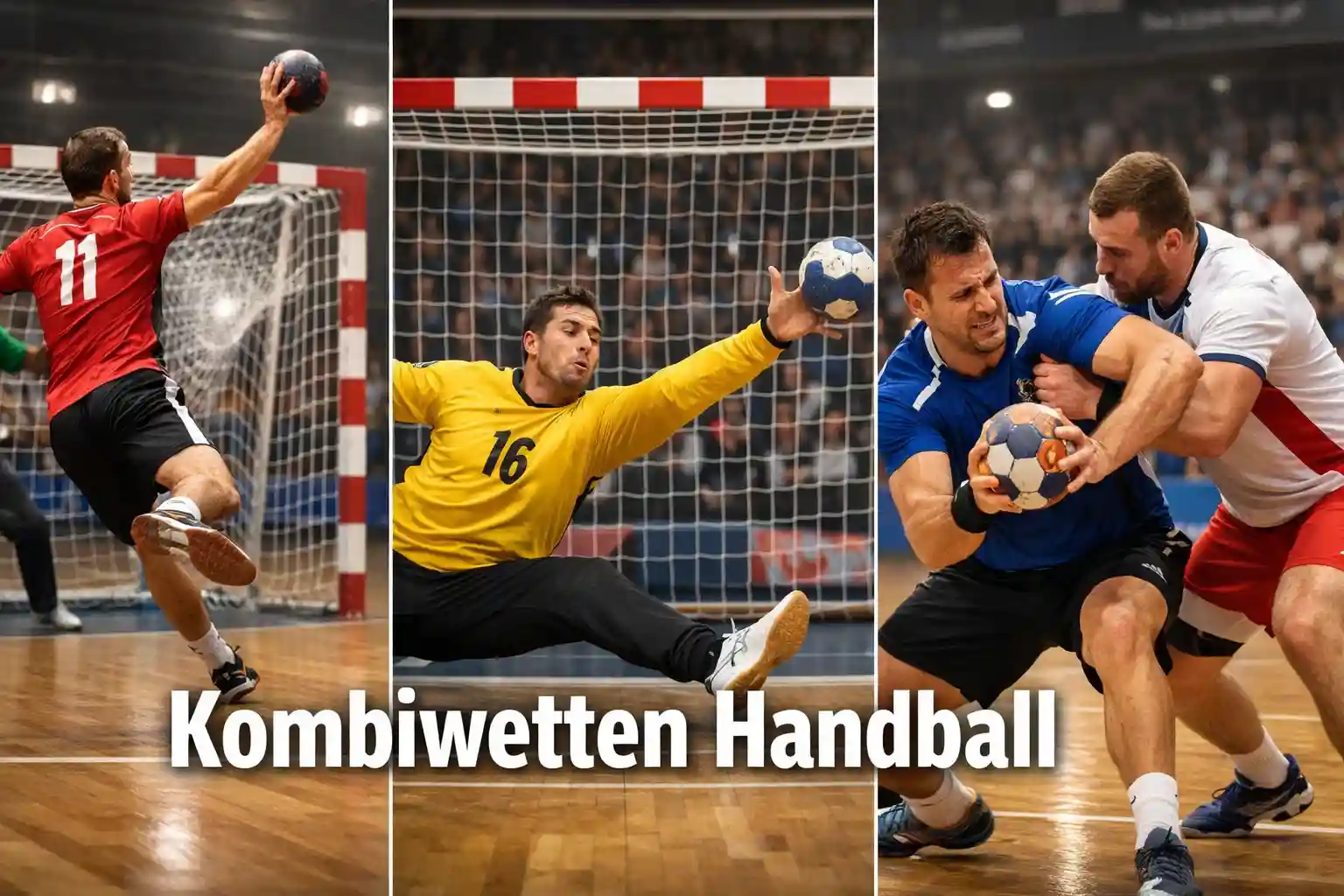 Mehrere Handball-Spielszenen nebeneinander als Collage – Kombiwetten Risiko und Chancen