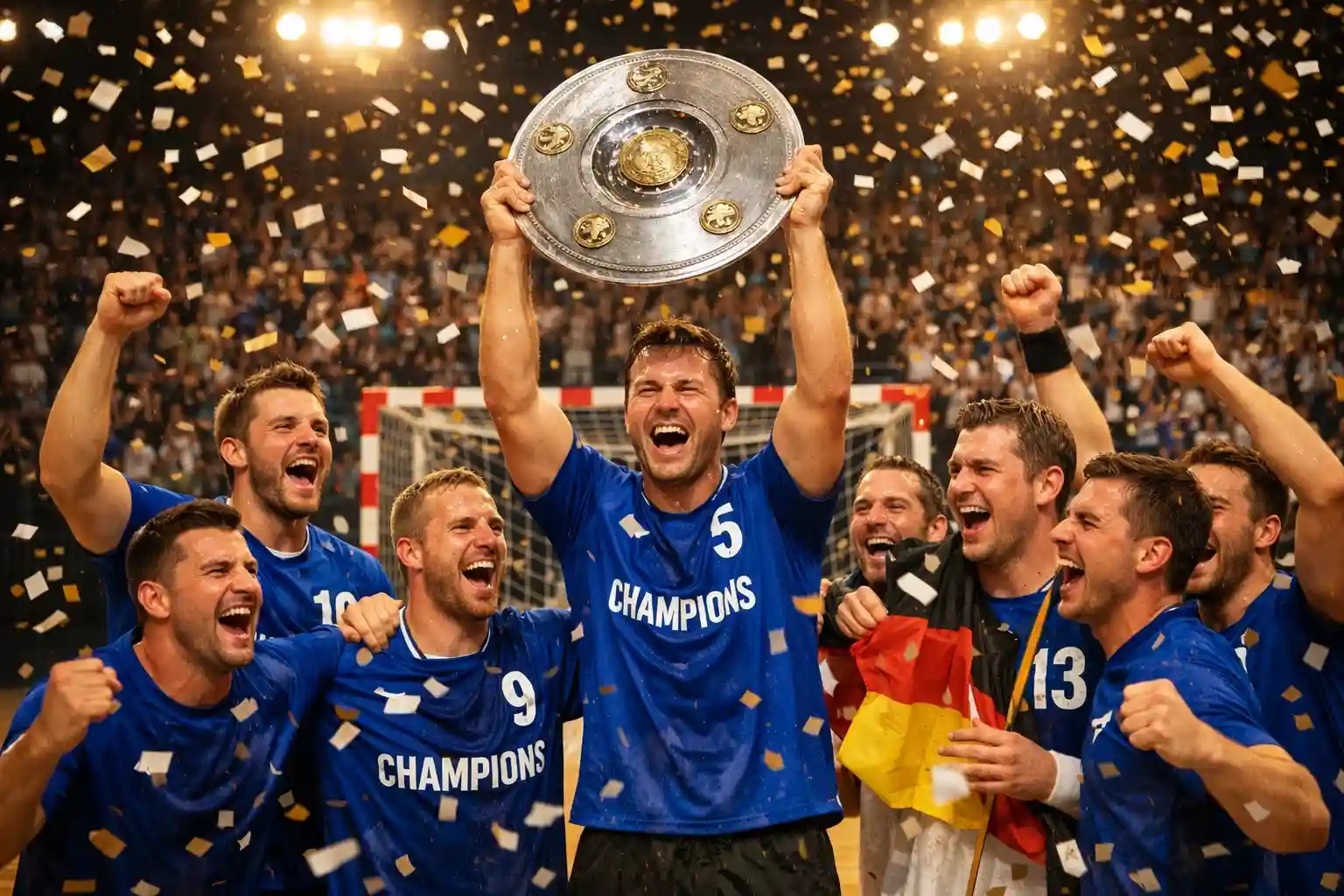 Handball-Mannschaft mit Meisterschale bei der Siegerehrung in der Arena – Langzeitwetten und Meistertipps