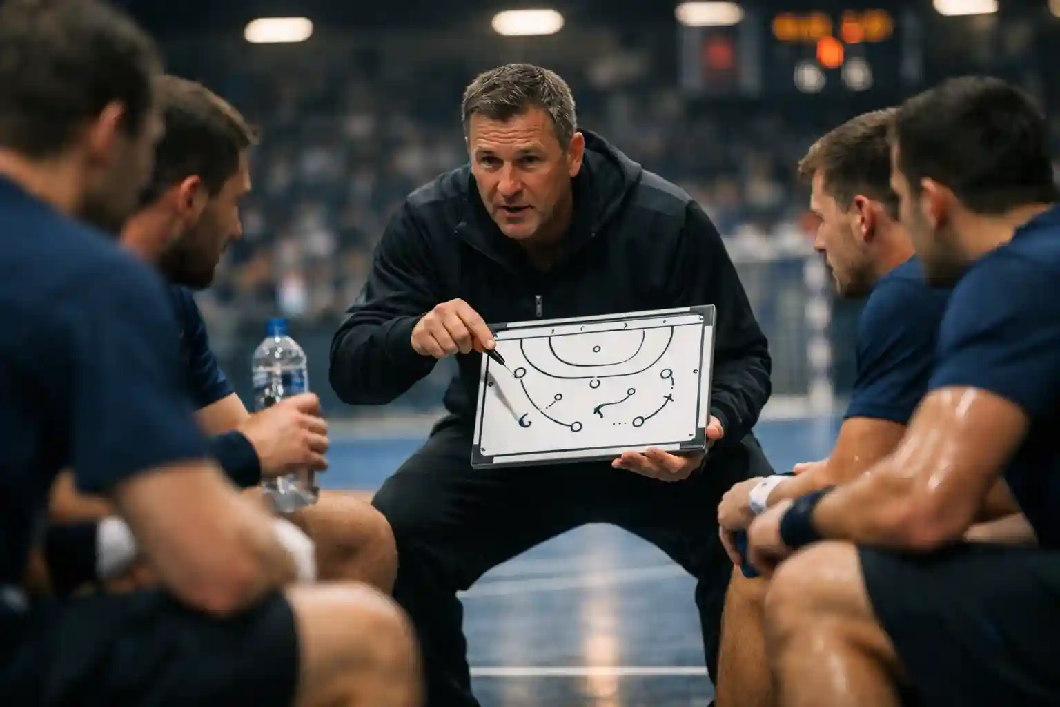 Handball Live Wetten – Trainer gibt taktische Anweisungen während einer Auszeit