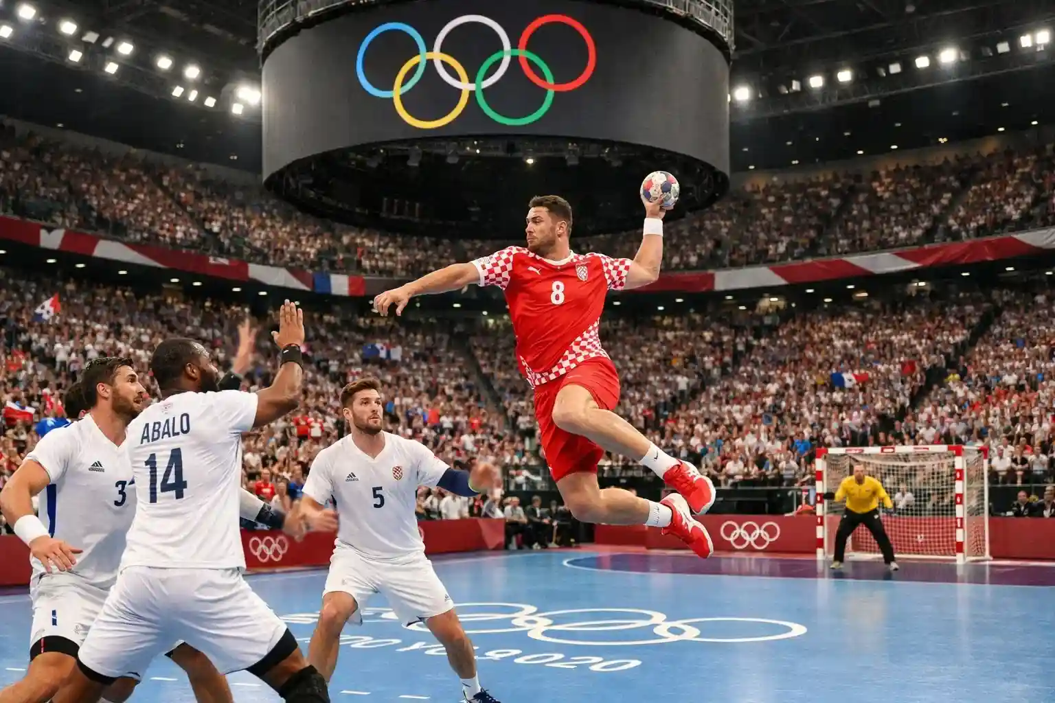 Handball-Spieler bei den Olympischen Spielen in einer großen Arena mit olympischen Ringen – Olympia-Wetten
