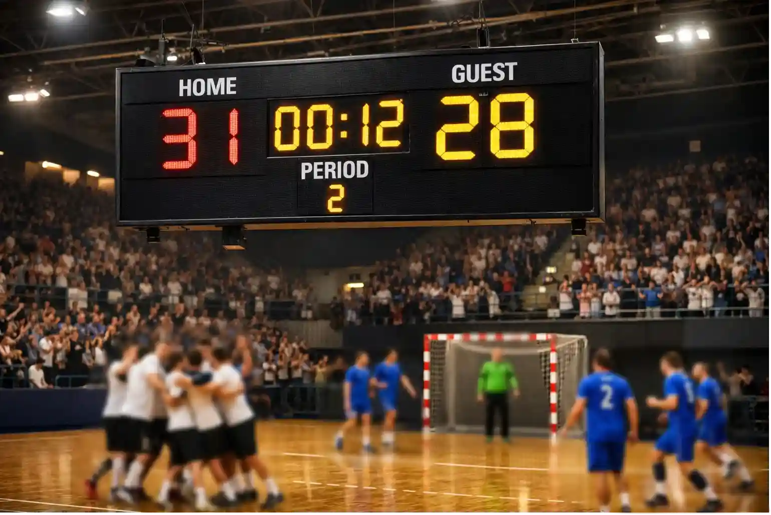 Handball-Anzeigetafel mit hohem Spielstand in einer Arena – Over/Under Torwetten Analyse