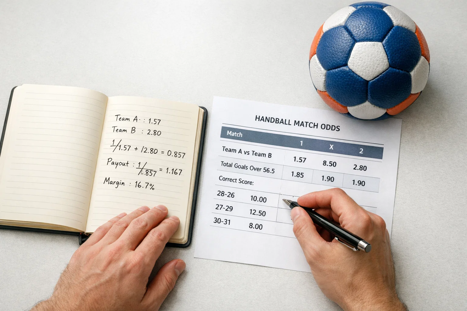 Person analysiert Handball-Quoten mit Notizen und Stift am Schreibtisch – Quotenschlüssel berechnen