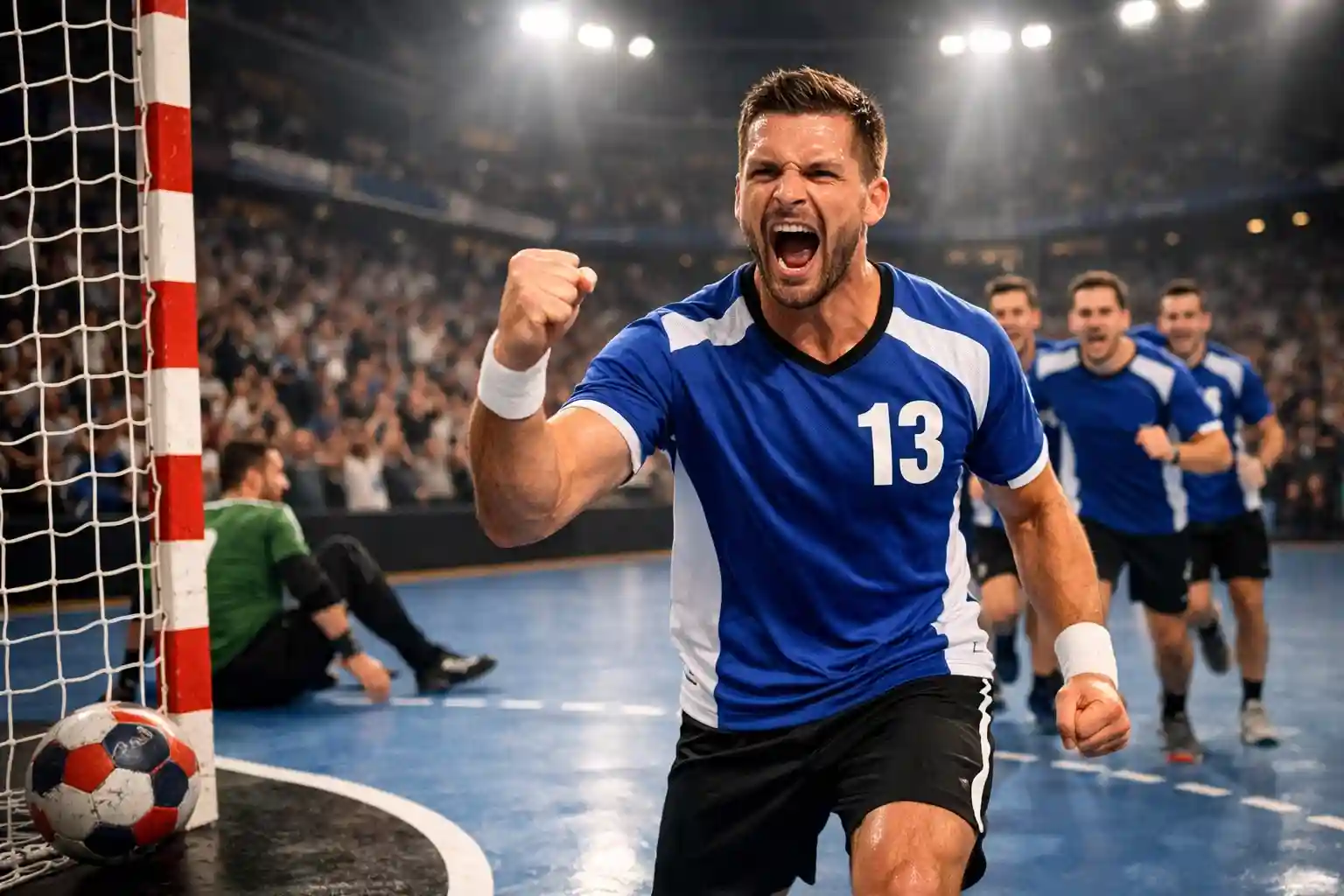 Handball-Torschütze feiert ein Tor vor jubelnden Zuschauern – Spezialwetten und Torschützen-Markt