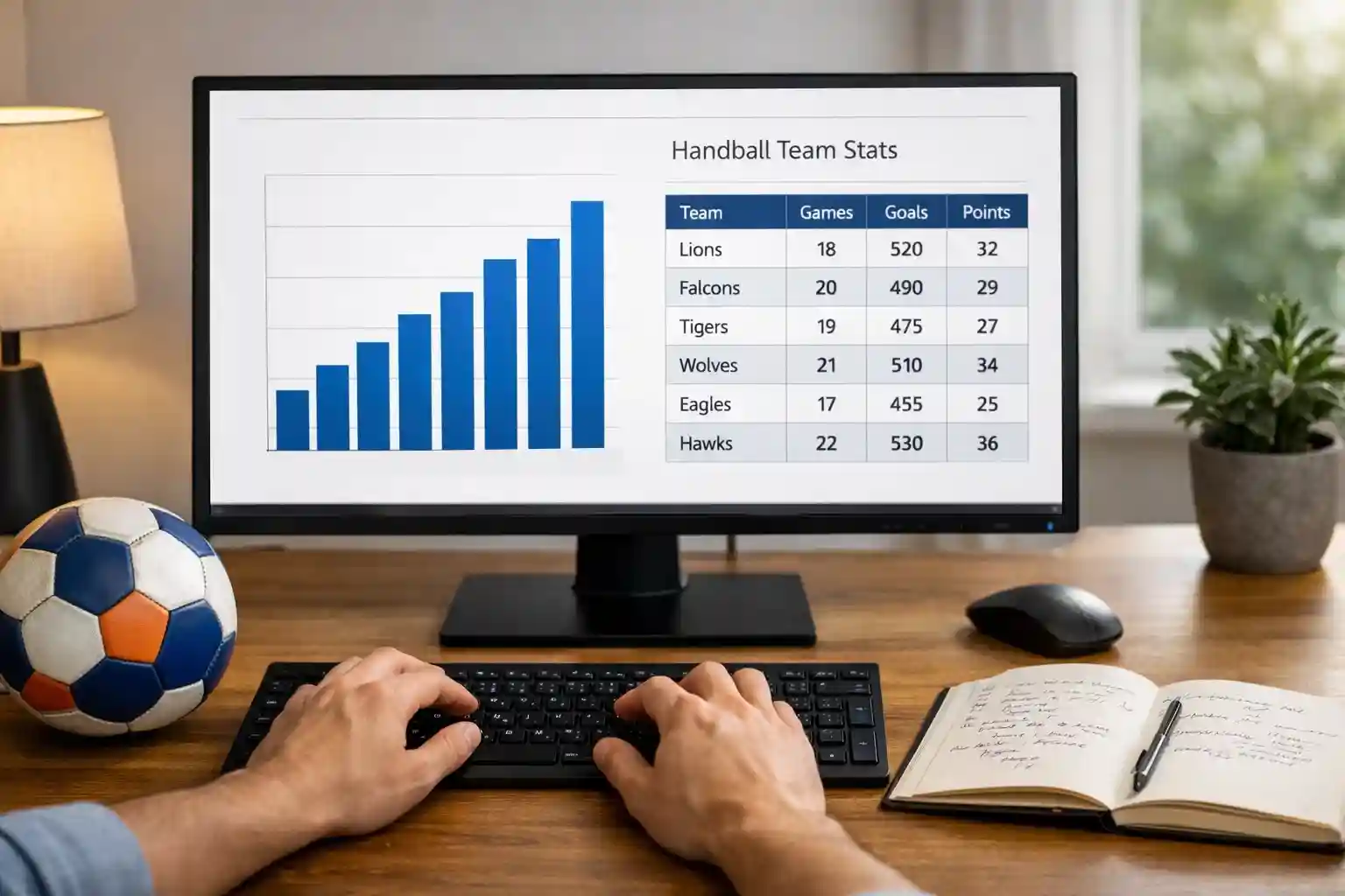 Bildschirm mit Handball-Statistiken und Datenvisualisierung am Arbeitsplatz – Statistik-Tools und Analyse-Workflow