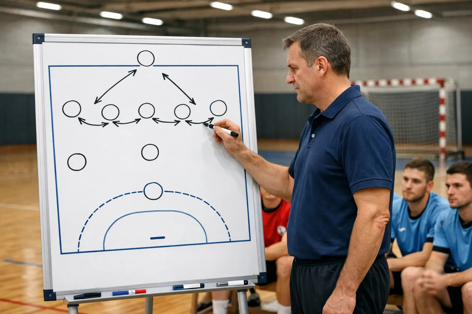 Handball-Trainer erklärt Spielsystem an der Taktiktafel vor seinem Team – Taktik und Angriffschemie für Wetten