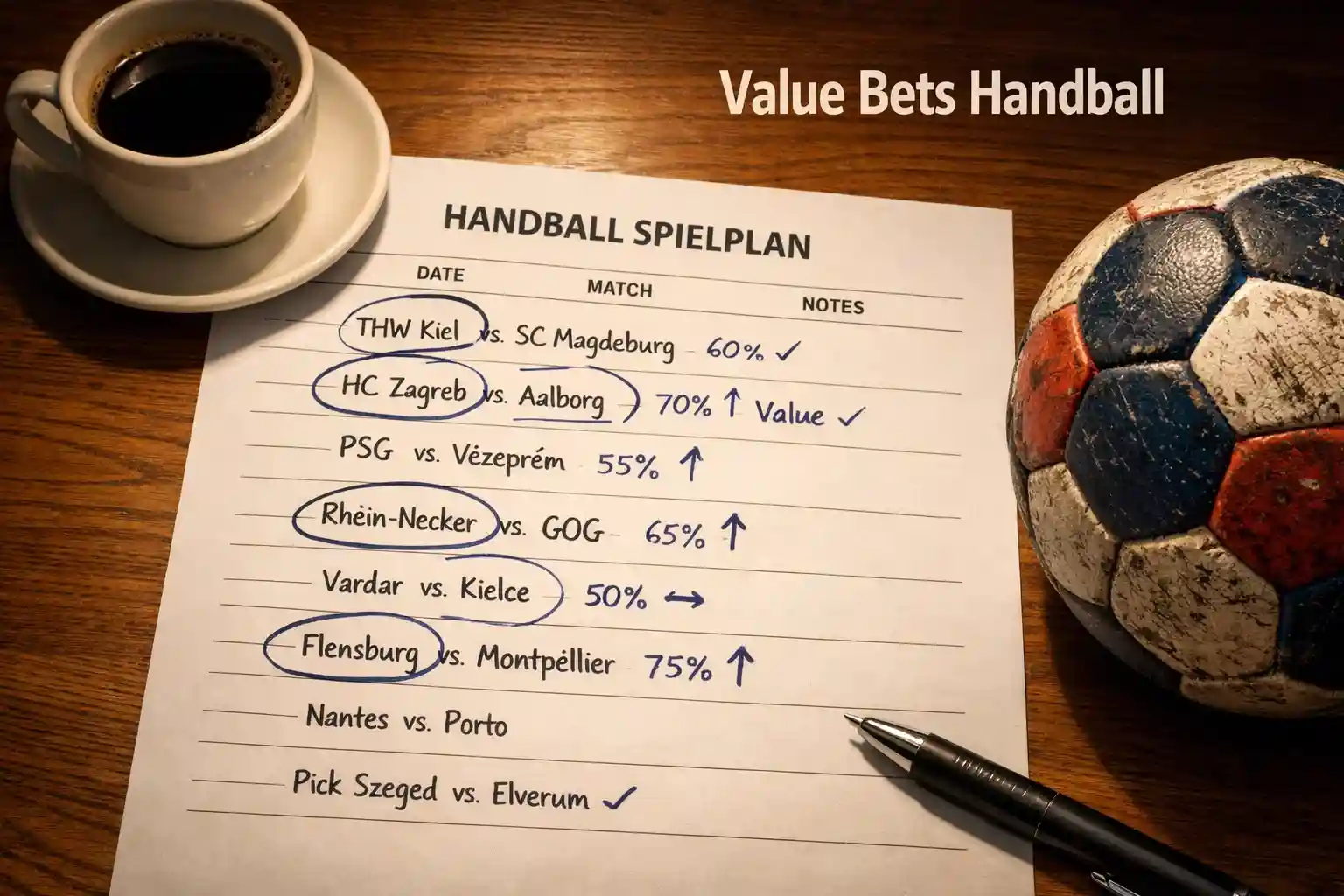 Nahaufnahme eines Handball-Spielplans mit handschriftlichen Notizen und Wahrscheinlichkeiten – Value Bets Praxisguide