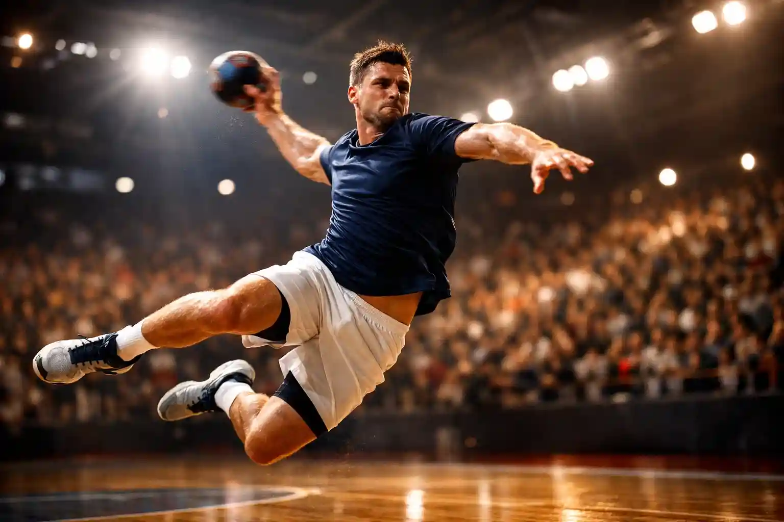 Handball Wett Tipps – Spieler wirft auf Tor unter Flutlicht in einer vollen Halle