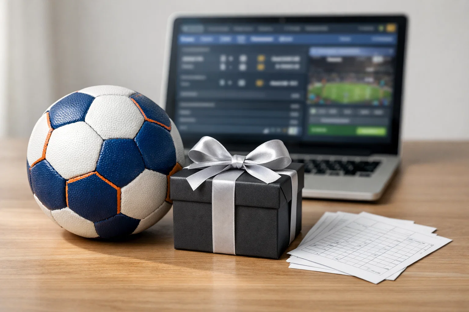 Handball neben einem Geschenkpaket mit Schleife auf einem Schreibtisch – Sportwetten-Bonus Typen und Strategie