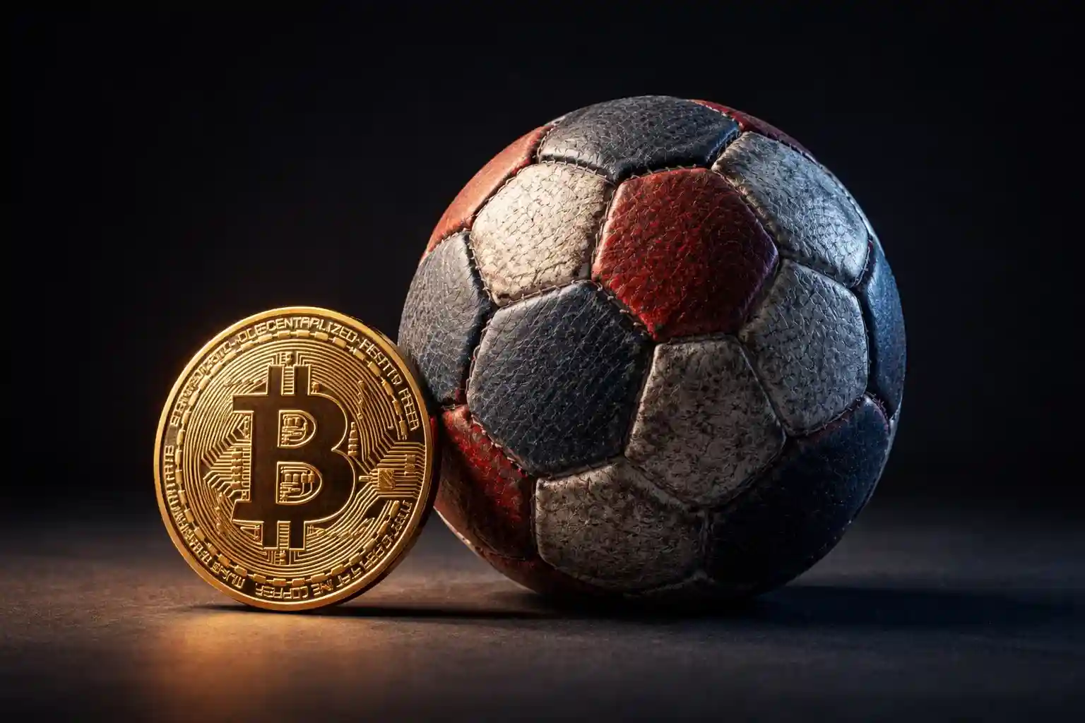 Physische Bitcoin-Münze neben einem Handball auf dunklem Hintergrund – Krypto-Wetten für Handball