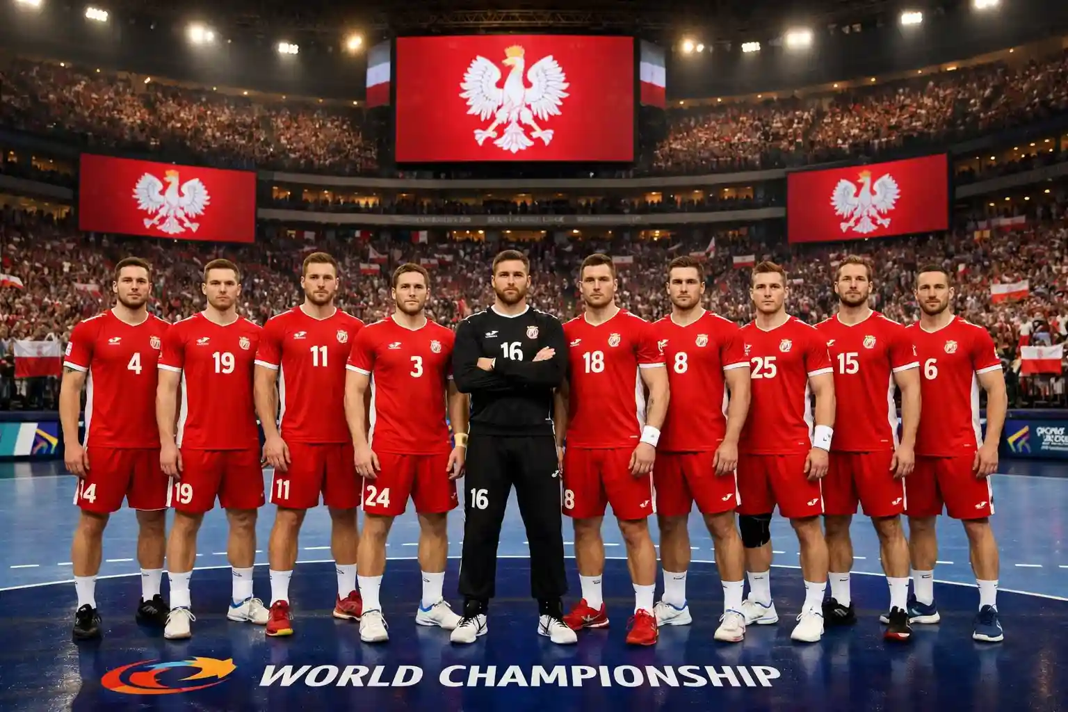 Handball-Nationalmannschaft beim Aufwärmen vor einem WM-Spiel in großer Arena – WM-Wetten und Turnierprognosen