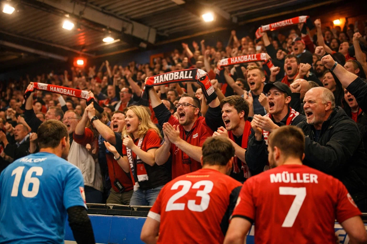 Handball-Fans in einer vollen Heimhalle feuern ihr Team an – Heimvorteil-Statistik und Wettrelevanz