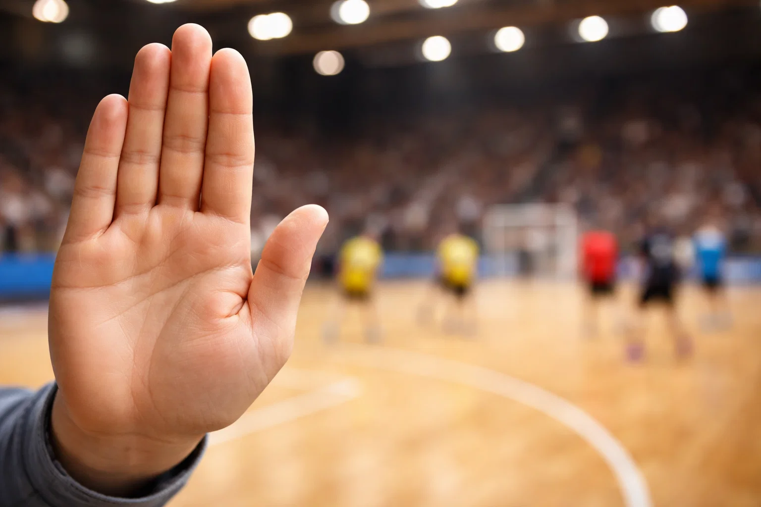 Offene Hand mit Stopp-Geste vor einem unscharfen Handball-Hintergrund – Verantwortungsvolles Wetten und Spielerschutz