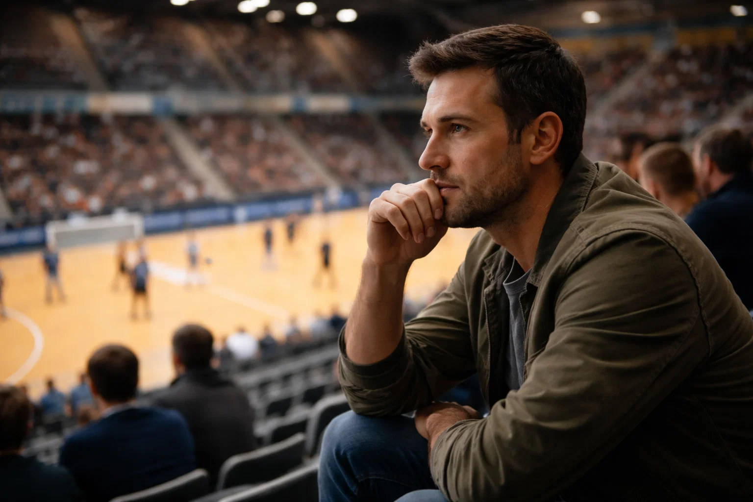 Nachdenklicher Mann vor einem Handball-Spielfeld – Wettpsychologie, kognitive Verzerrungen und Disziplin