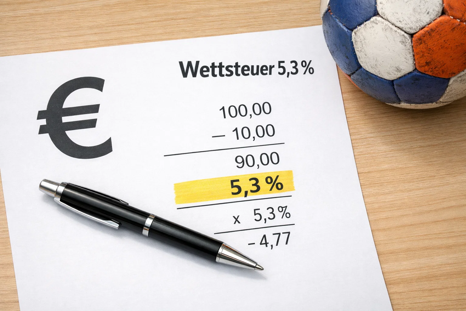 Dokument mit Steuerberechnung und €-Zeichen neben einem Handball – Wettsteuer 5,3 % in Deutschland